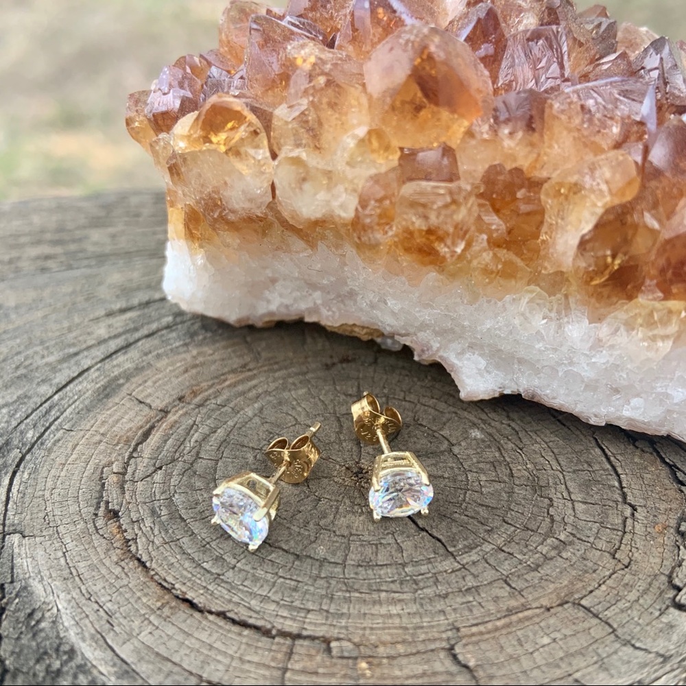 Gold CZ Stud Earrings- Sterling Silver - Picture 2 of 8